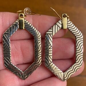 Brighton Acoma Two Toned Silver Gold Elongated Hexagon Dangle Drop Earrings